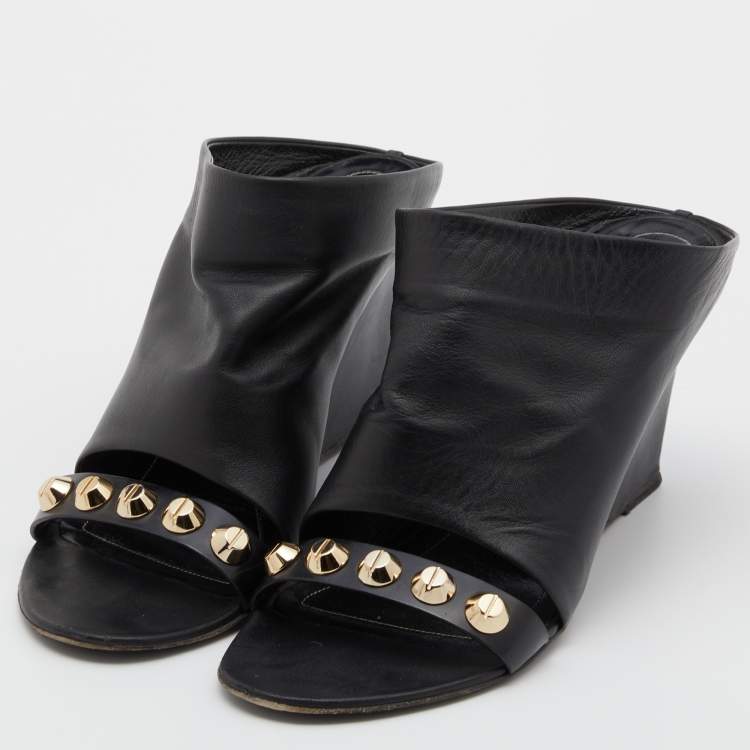 Pre Owned Balenciaga Black Leather Studded Wedge Mules Size 40