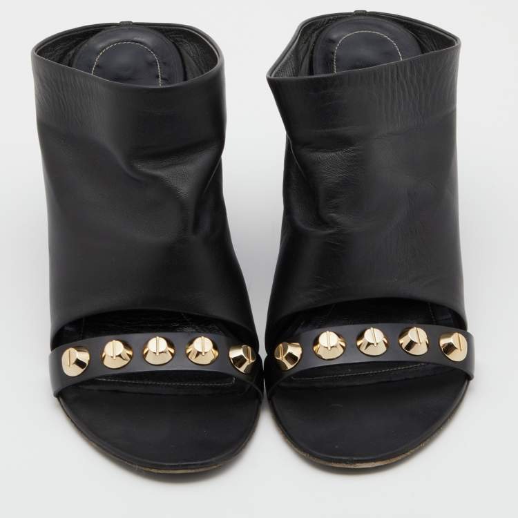 Pre Owned Balenciaga Black Leather Studded Wedge Mules Size 40