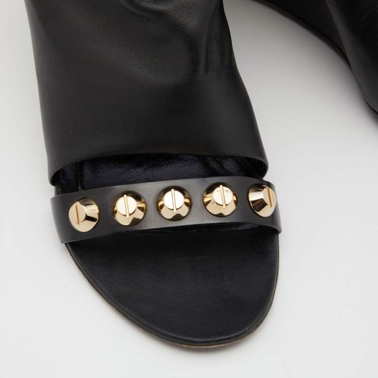 Pre Owned Balenciaga Black Leather Studded Wedge Mules Size 40