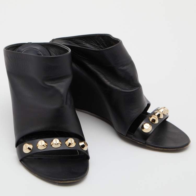 Pre Owned Balenciaga Black Leather Studded Wedge Mules Size 40