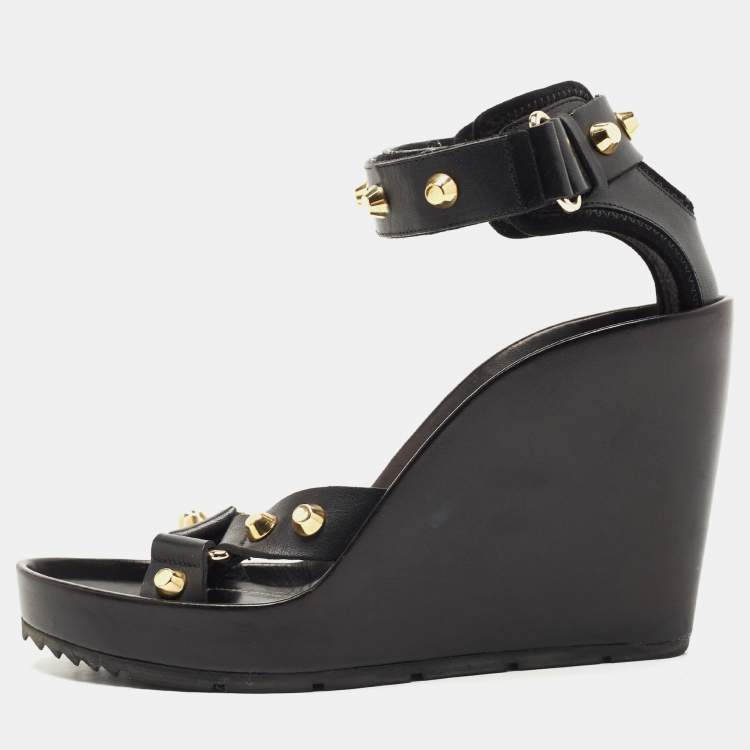 Pre Owned Balenciaga Black Leather Studded Wedge Ankle Cuff Sandals Size 37.5