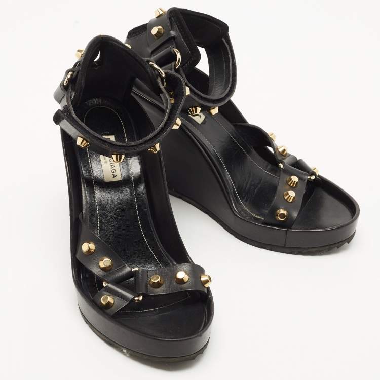 Pre Owned Balenciaga Black Leather Studded Wedge Ankle Cuff Sandals Size 37.5