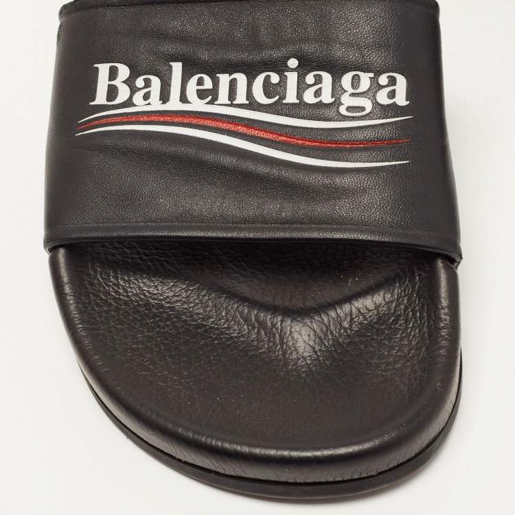 Pre Owned Balenciaga Black Leather Logo Slides Size 39