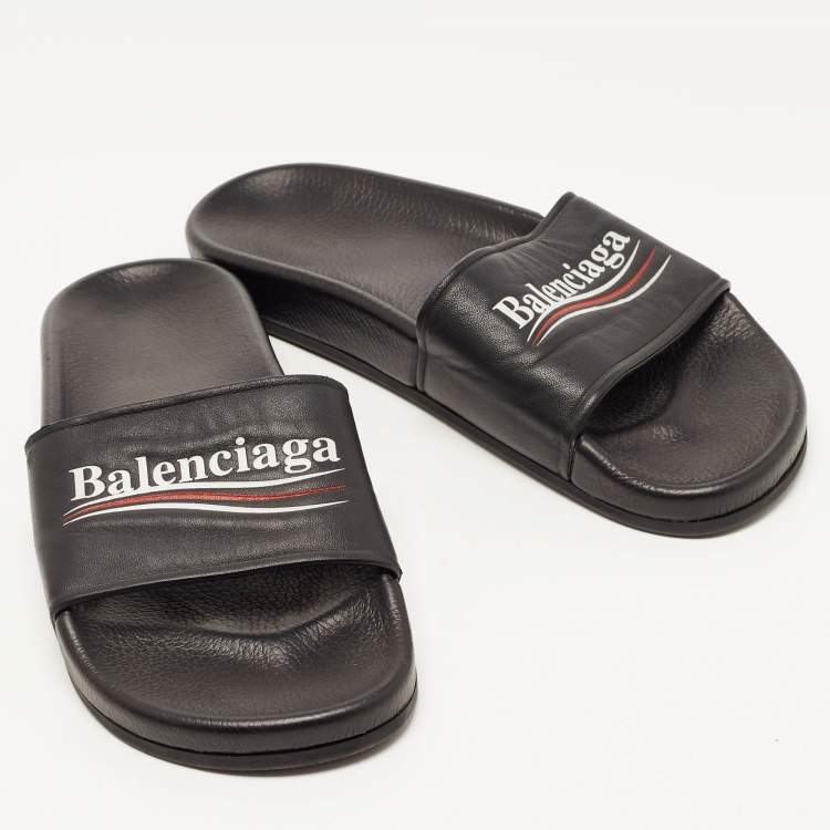 Pre Owned Balenciaga Black Leather Logo Slides Size 39