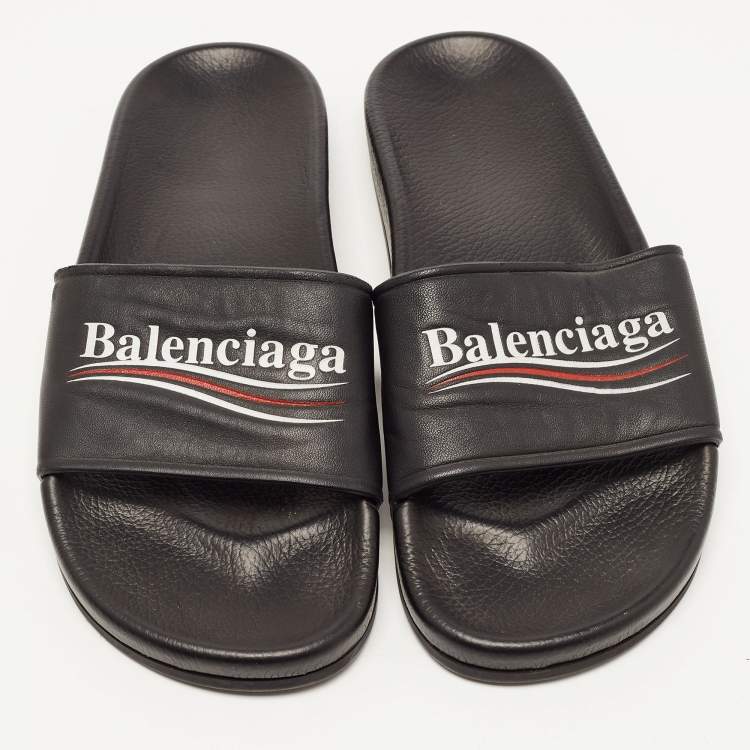 Pre Owned Balenciaga Black Leather Logo Slides Size 39