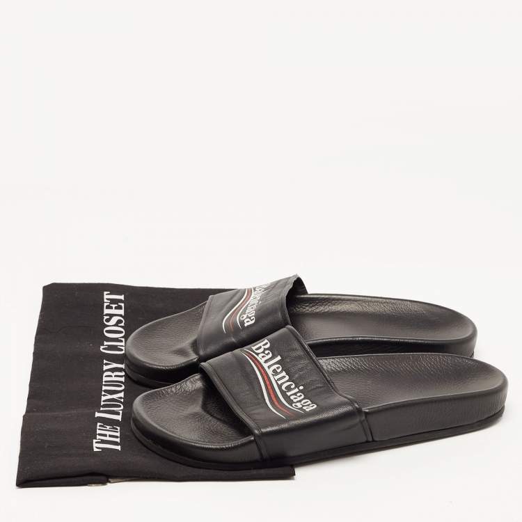 Pre Owned Balenciaga Black Leather Logo Slides Size 39