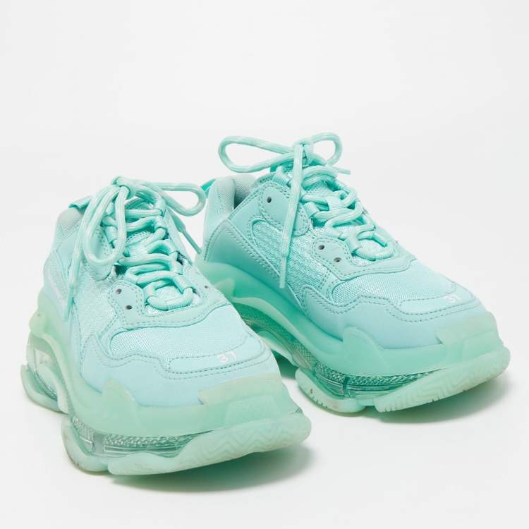 مملوكة مسبقًا Balenciaga Turquoise Leather and Mesh Triple S Clear Sneakers Size 37