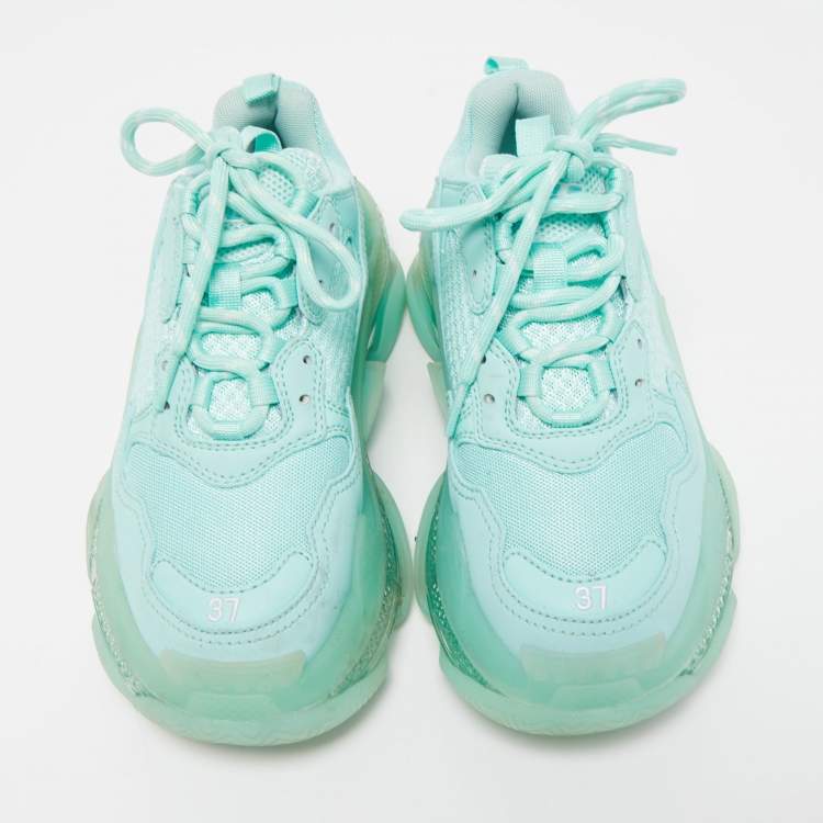 مملوكة مسبقًا Balenciaga Turquoise Leather and Mesh Triple S Clear Sneakers Size 37