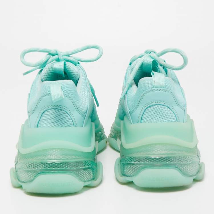 مملوكة مسبقًا Balenciaga Turquoise Leather and Mesh Triple S Clear Sneakers Size 37