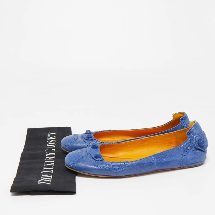 مملوكة مسبقًا Balenciaga Blue Leather Arena Ballet Flats Size 38