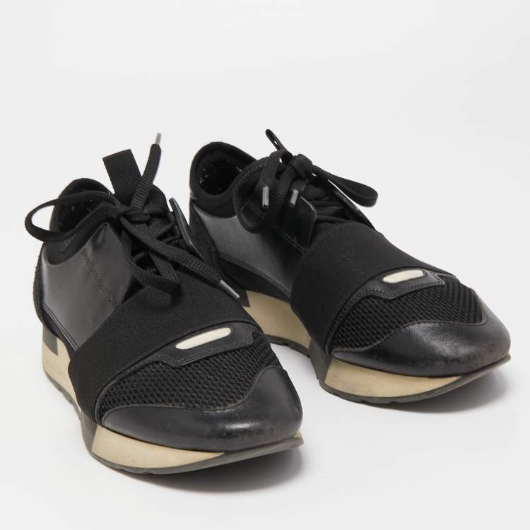 Pre Owned Balenciaga Black Leather and Mesh Race Runner Sneakers Size 37
