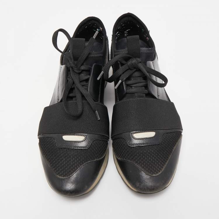 Pre Owned Balenciaga Black Leather and Mesh Race Runner Sneakers Size 37