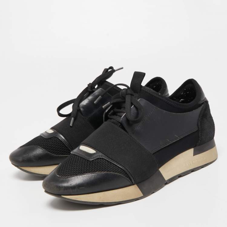 Pre Owned Balenciaga Black Leather and Mesh Race Runner Sneakers Size 37