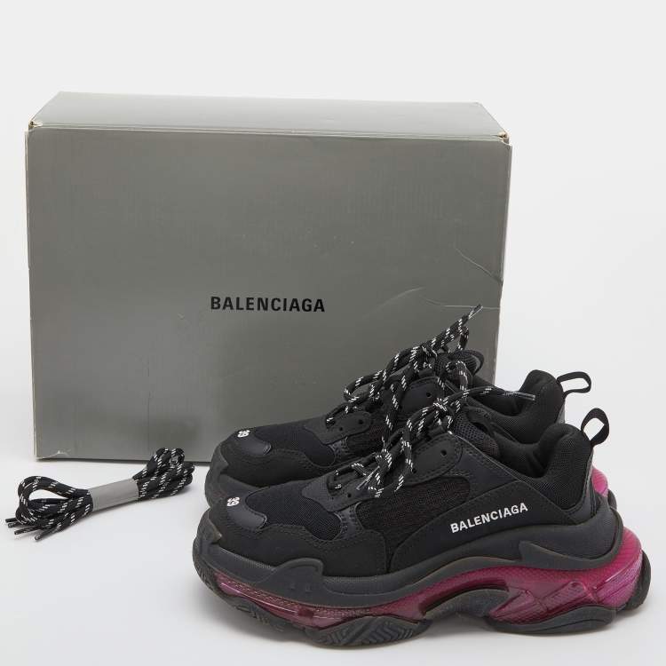 Pre Owned Balenciaga Black Leather and Mesh Triple S Clear Sneakers Size 39