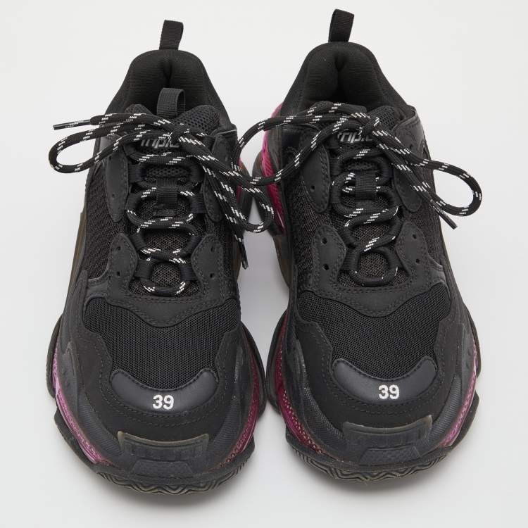 Pre Owned Balenciaga Black Leather and Mesh Triple S Clear Sneakers Size 39
