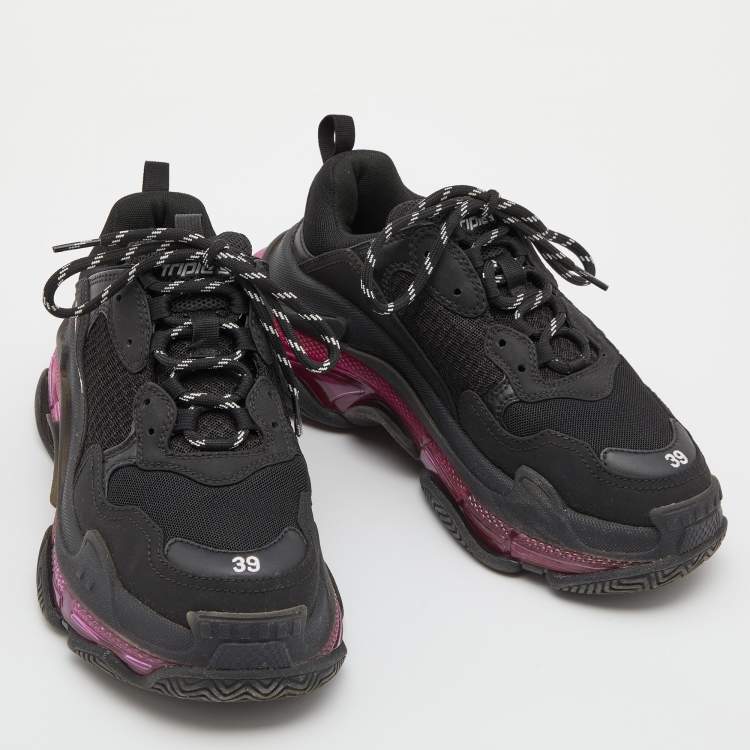 Pre Owned Balenciaga Black Leather and Mesh Triple S Clear Sneakers Size 39