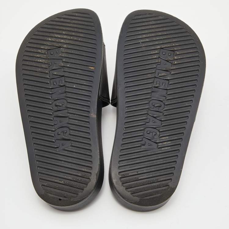 Pre Owned Balenciaga Black Rubber Logo Flat Slides Size 35