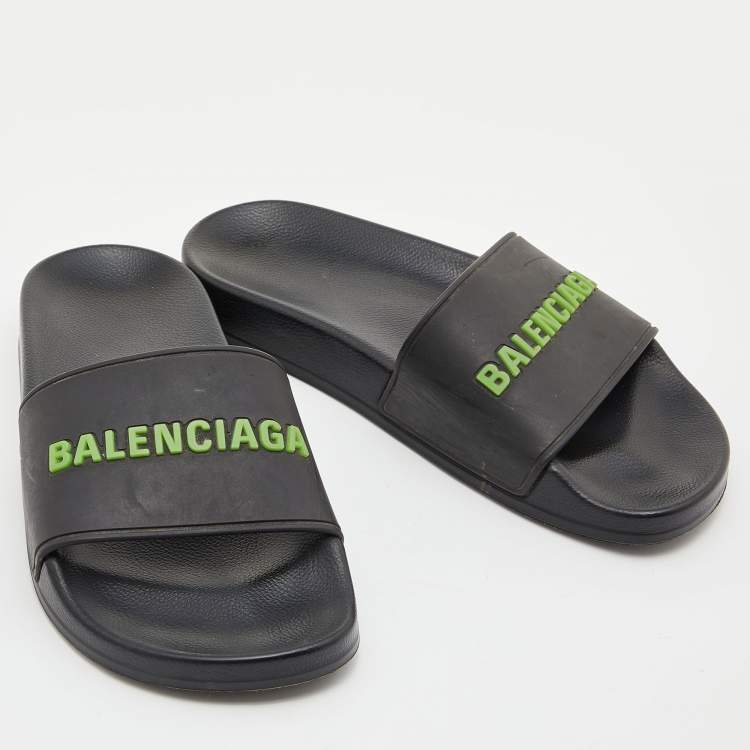 Pre Owned Balenciaga Black Rubber Logo Flat Slides Size 35