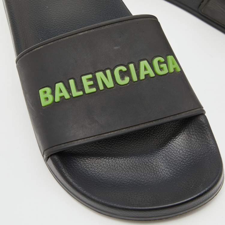 Pre Owned Balenciaga Black Rubber Logo Flat Slides Size 35