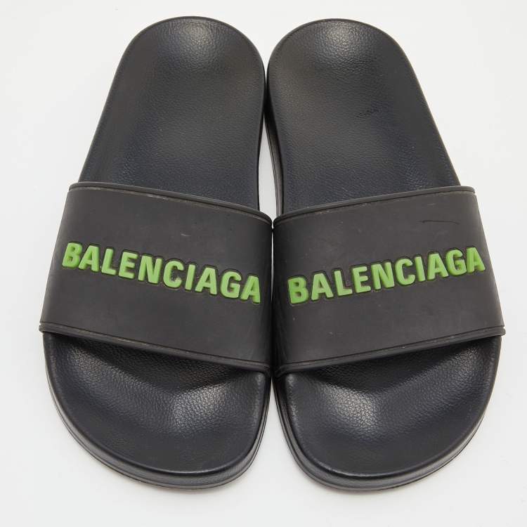 Pre Owned Balenciaga Black Rubber Logo Flat Slides Size 35