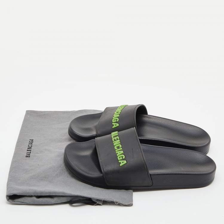 Pre Owned Balenciaga Black Rubber Logo Flat Slides Size 35