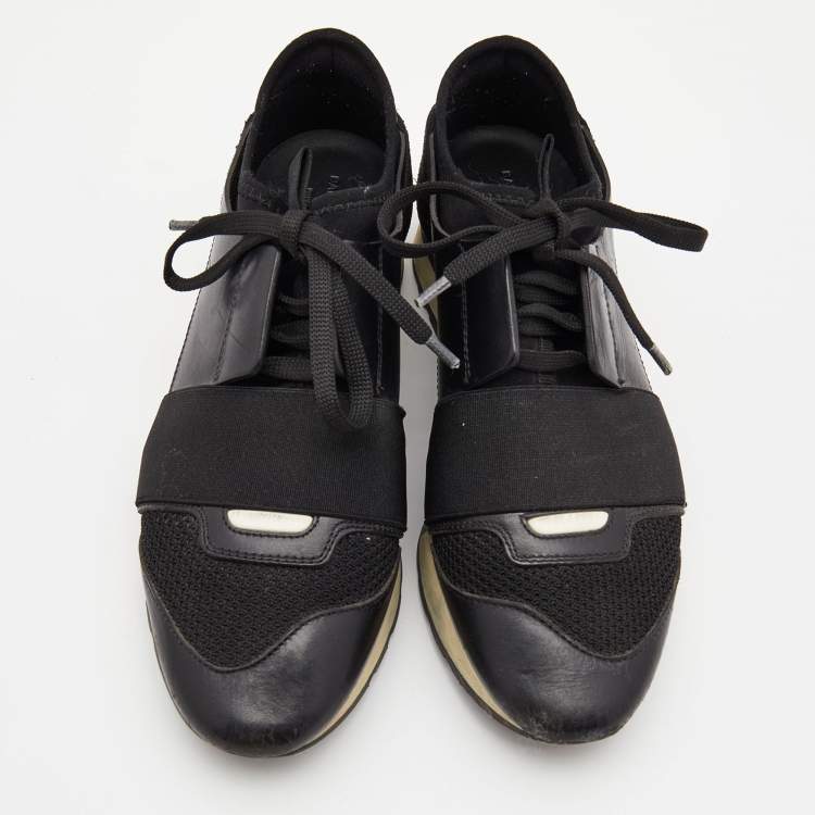 Pre Owned Balenciaga Black Leather and Mesh Race Runner Low Top Sneakers Size 37