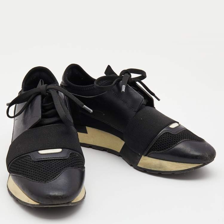 Pre Owned Balenciaga Black Leather and Mesh Race Runner Low Top Sneakers Size 37