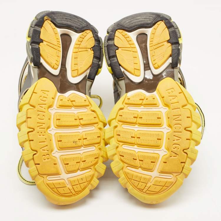 Pre Owned Balenciaga Yellow/Grey Leather and Mesh Track Sneakers Size 37