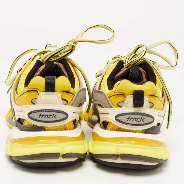 Pre Owned Balenciaga Yellow/Grey Leather and Mesh Track Sneakers Size 37