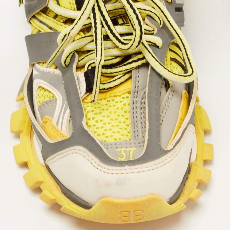 Pre Owned Balenciaga Yellow/Grey Leather and Mesh Track Sneakers Size 37
