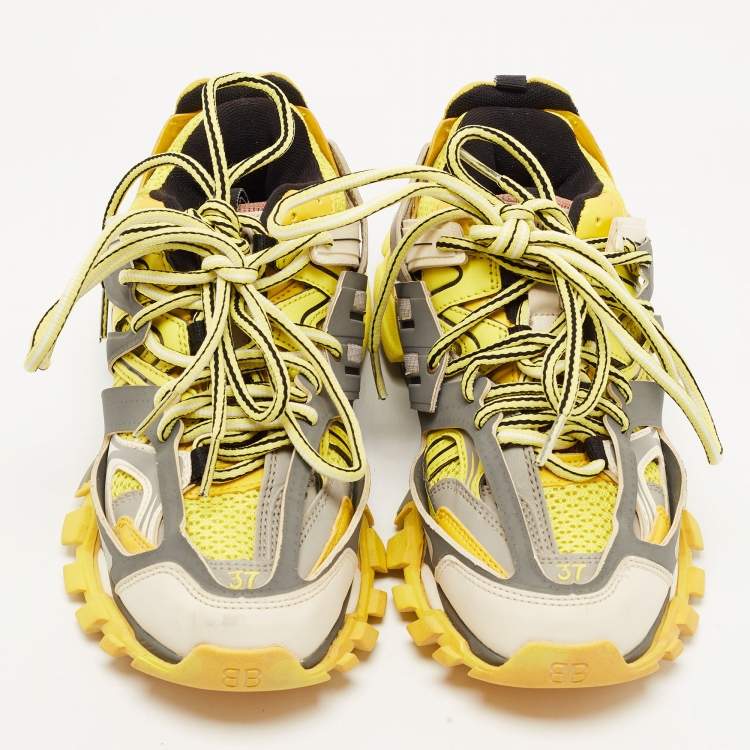 Pre Owned Balenciaga Yellow/Grey Leather and Mesh Track Sneakers Size 37