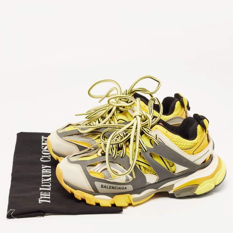 Pre Owned Balenciaga Yellow/Grey Leather and Mesh Track Sneakers Size 37