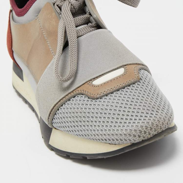 Pre Owned Balenciaga Grey/Brown Mesh and Suede Race Runner Sneakers Size 36