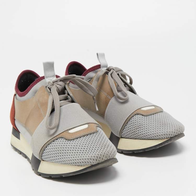 Pre Owned Balenciaga Grey/Brown Mesh and Suede Race Runner Sneakers Size 36