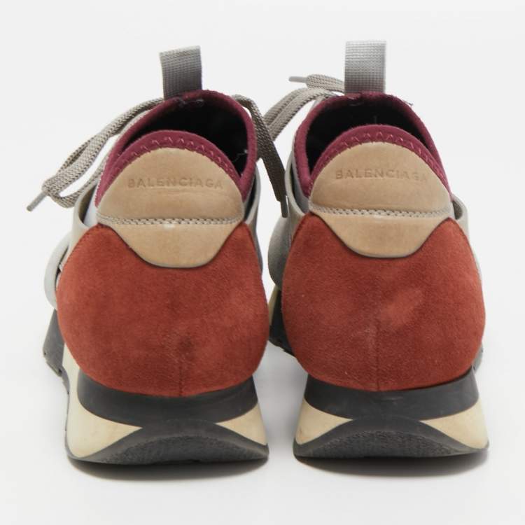 Pre Owned Balenciaga Grey/Brown Mesh and Suede Race Runner Sneakers Size 36