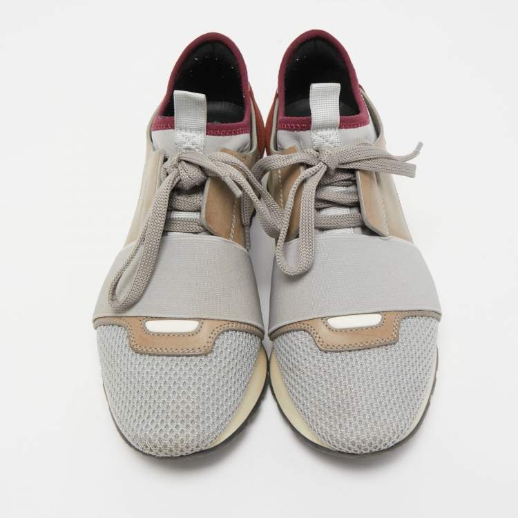 Pre Owned Balenciaga Grey/Brown Mesh and Suede Race Runner Sneakers Size 36