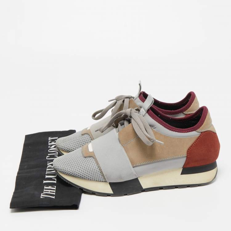 Pre Owned Balenciaga Grey/Brown Mesh and Suede Race Runner Sneakers Size 36