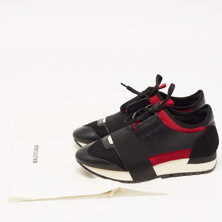 Pre Owned Balenciaga Black/Red Leather and Mesh Race Runner Sneakers Size 36