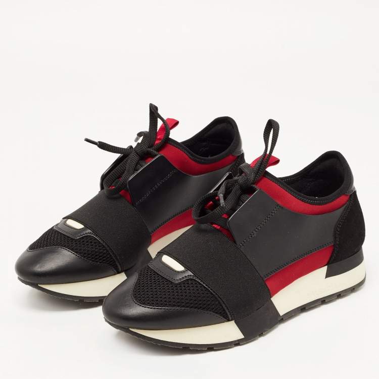Balenciaga Black/Red Leather and Mesh Race Runner Sneakers Size 36  Balenciaga