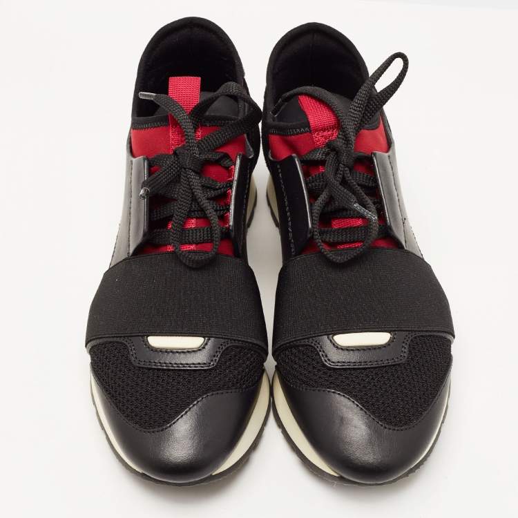 Pre Owned Balenciaga Black/Red Leather and Mesh Race Runner Sneakers Size 36
