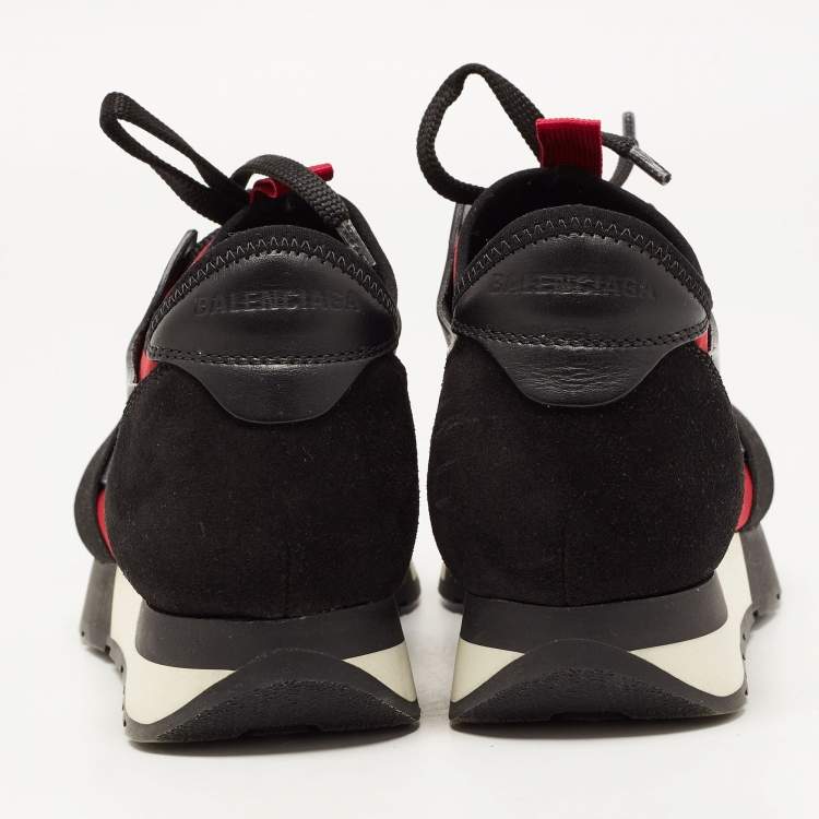 Pre Owned Balenciaga Black/Red Leather and Mesh Race Runner Sneakers Size 36