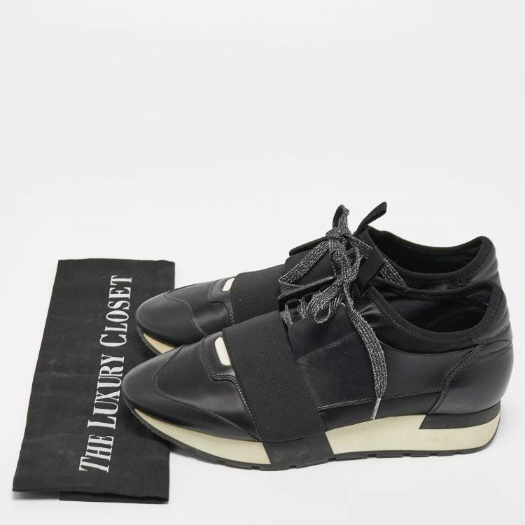 Pre Owned Balenciaga Black Leather and Satin Race Runner Sneakers Size 38
