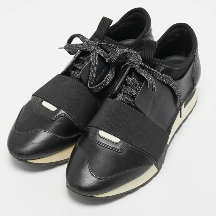 Pre Owned Balenciaga Black Leather and Satin Race Runner Sneakers Size 38