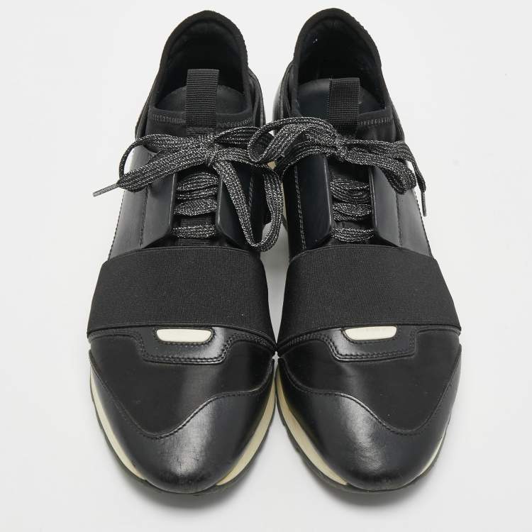 Pre Owned Balenciaga Black Leather and Satin Race Runner Sneakers Size 38