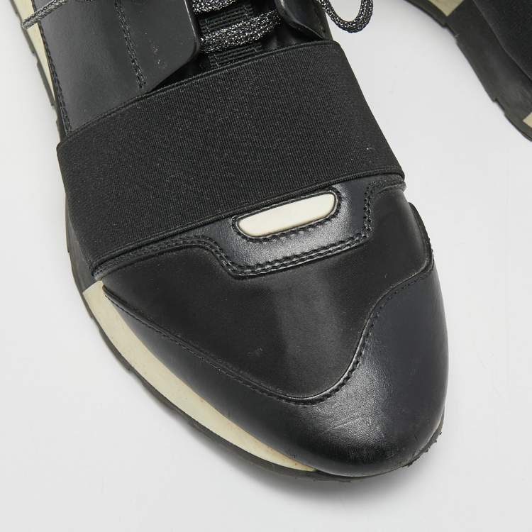 Pre Owned Balenciaga Black Leather and Satin Race Runner Sneakers Size 38