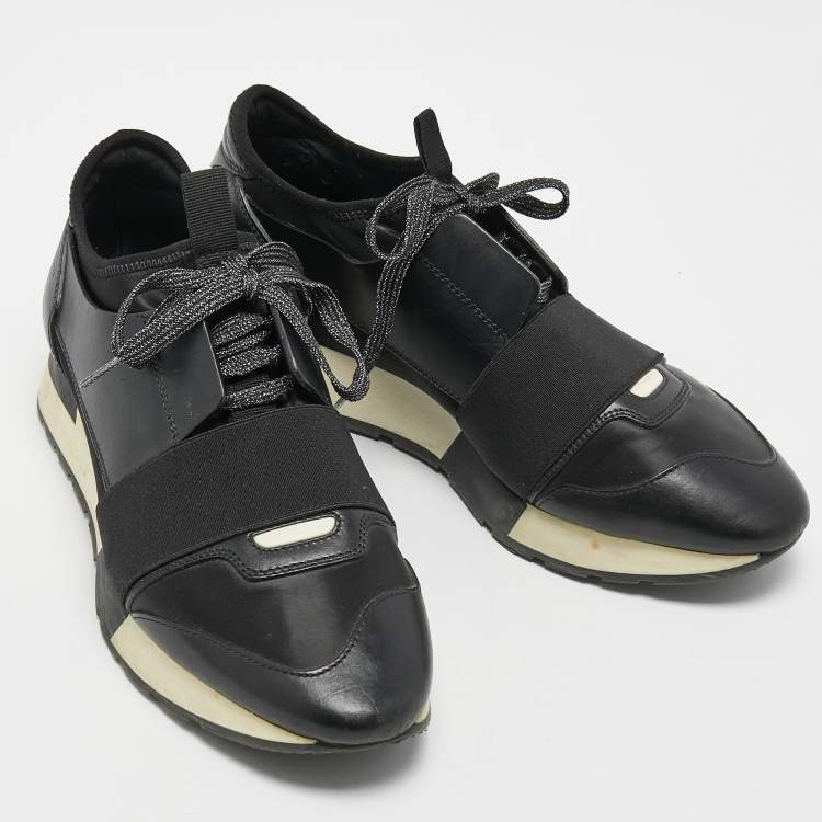 Pre Owned Balenciaga Black Leather and Satin Race Runner Sneakers Size 38