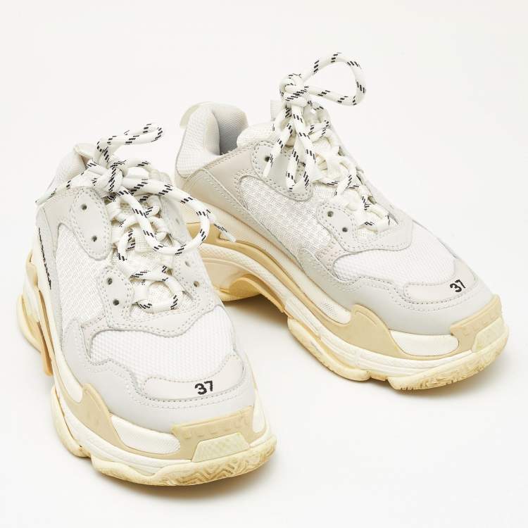 Pre Owned Balenciaga Grey/White Leather and Mesh Triple S Sneakers Size 37