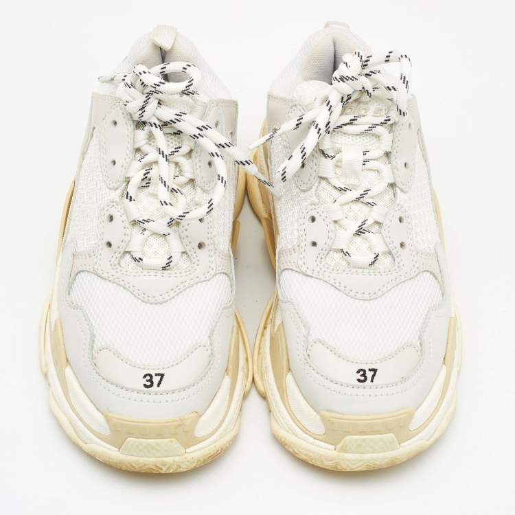 Pre Owned Balenciaga Grey/White Leather and Mesh Triple S Sneakers Size 37