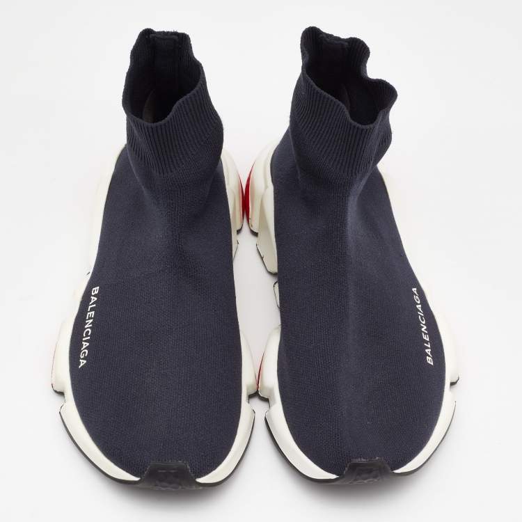 Pre Owned Balenciaga Dark Blue Knit Fabric Speed Trainer Sneakers Size 37