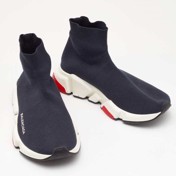 Pre Owned Balenciaga Dark Blue Knit Fabric Speed Trainer Sneakers Size 37